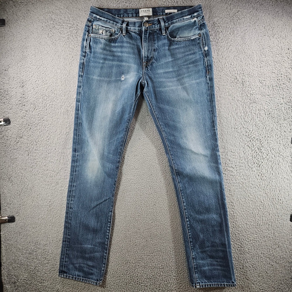 Frame Denim L'Homme Slim Jeans Mens 33 Blue Distressed Cotton Bunker 33x32‎